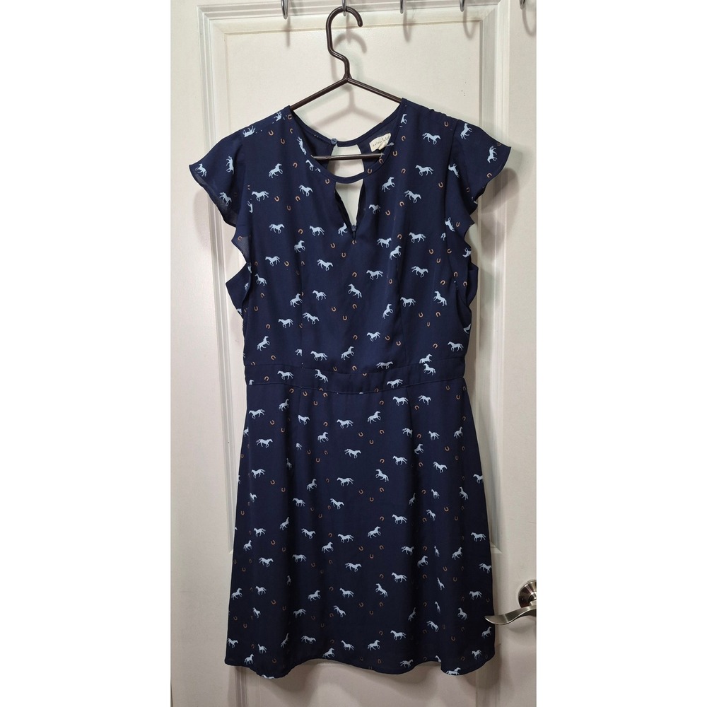 Maison‎ Jules Navy Blue Horse Horseshoe Print Flutter Sleeve Dress Large